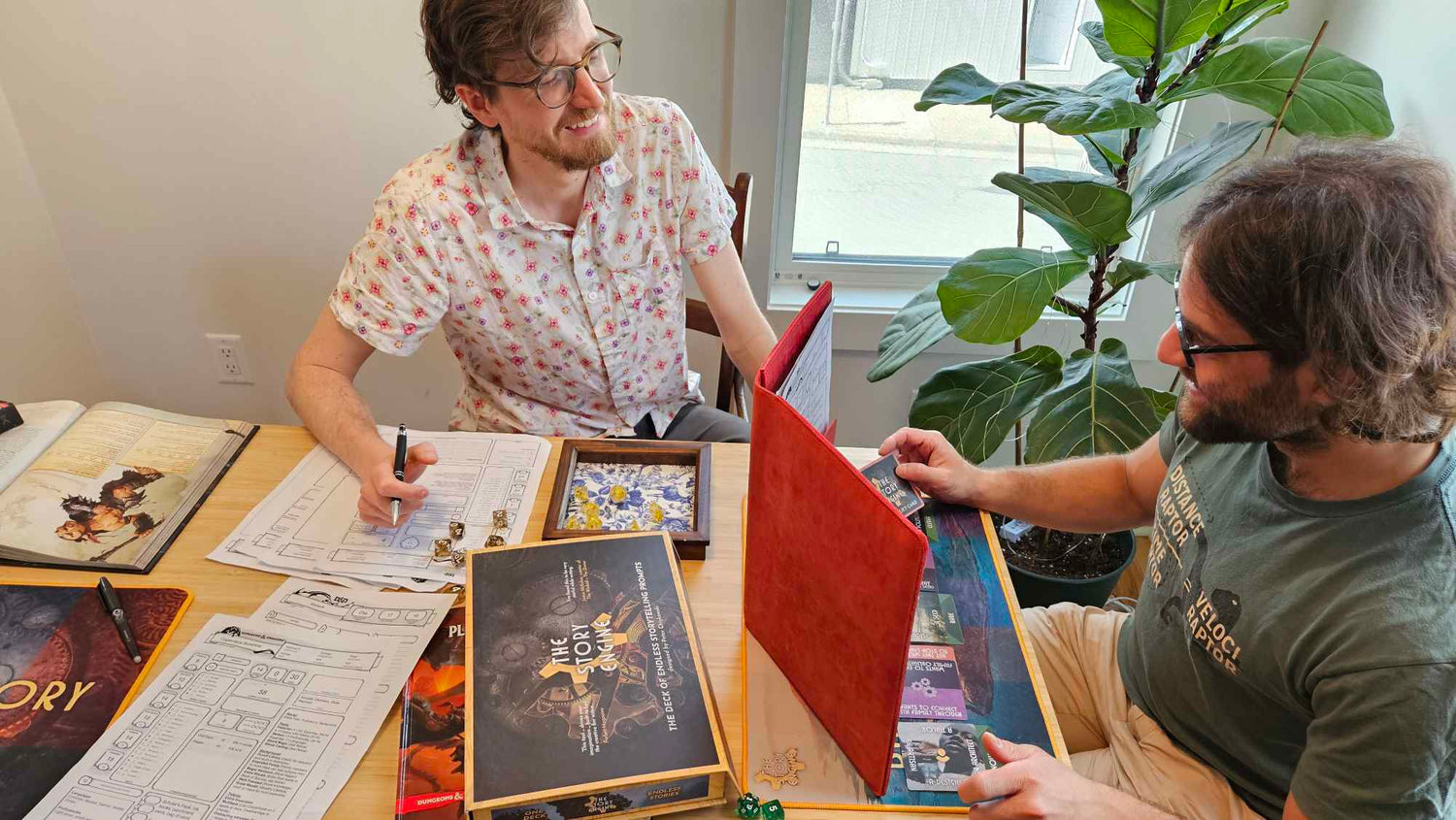Two DnD players use The Story Engine Deck