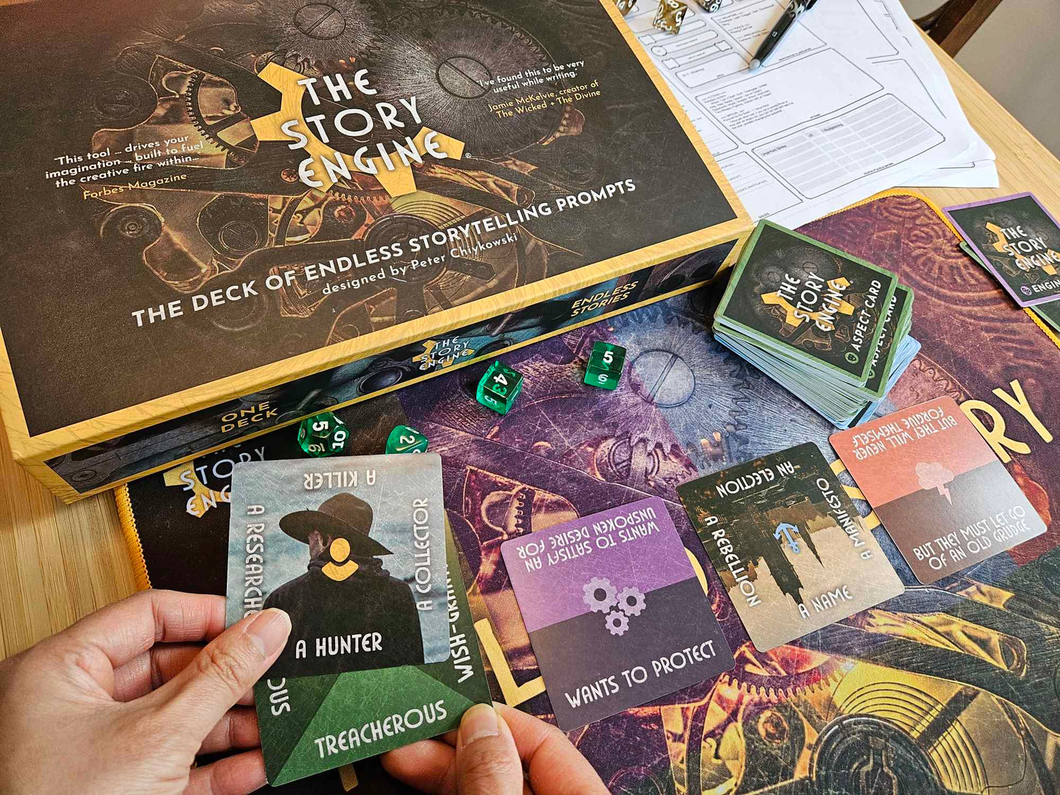 Dungeon Master or writer generating a story prompt or character idea with The Story Engine Deck of writing prompts