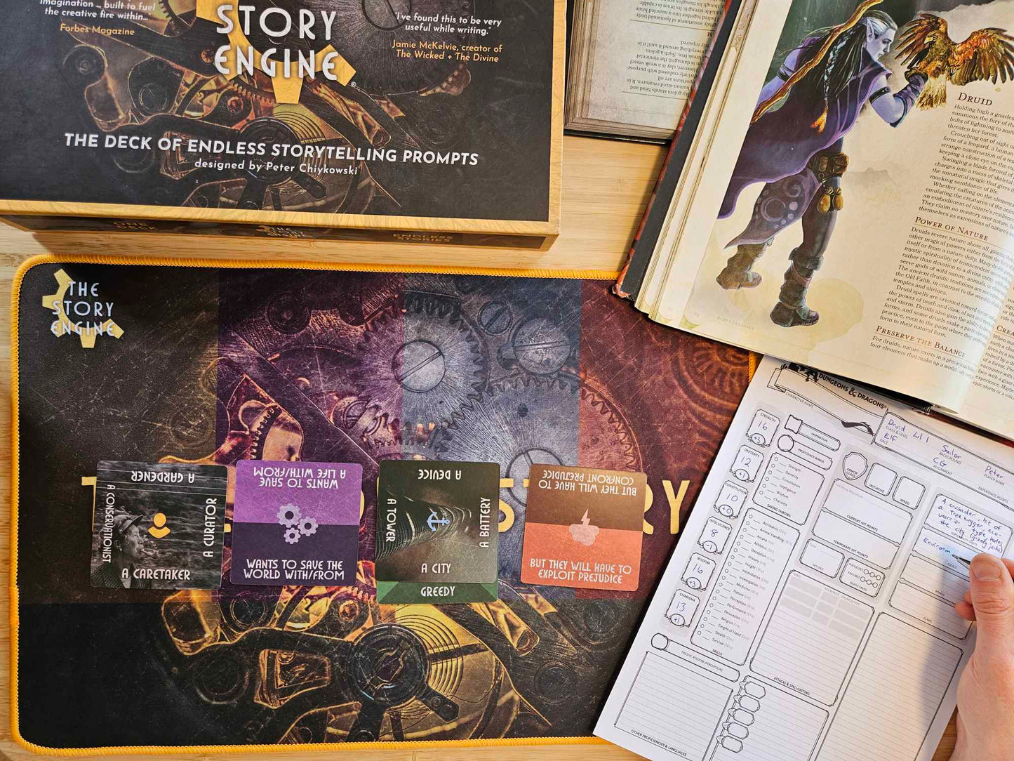 Dungeon Master creating a D&D character idea with The Story Engine Deck of story and character prompts