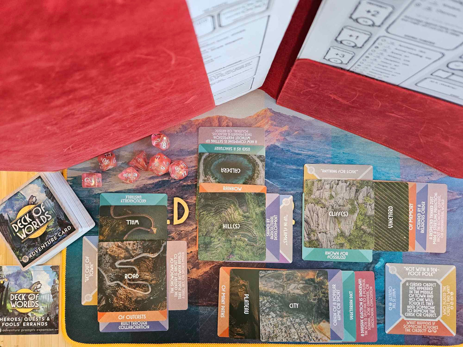 Overhead shot of a world map of a fantasy D&D setting generated with Deck of Worlds deck of worldbuilding prompts