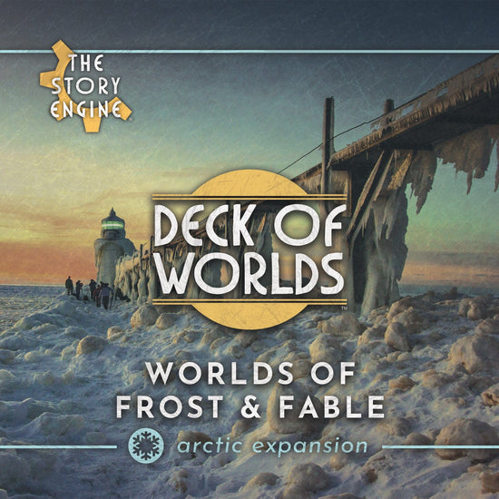 Cover of 'Deck of Worlds: Worlds of Frost & Fable' expansion with icy landscape and pier.