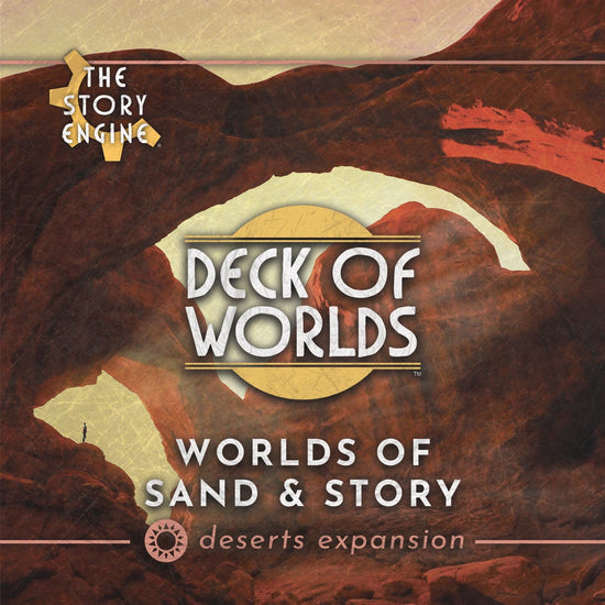 Cover of 'Deck of Worlds: Worlds of Sand & Story' expansion with desert landscape design.