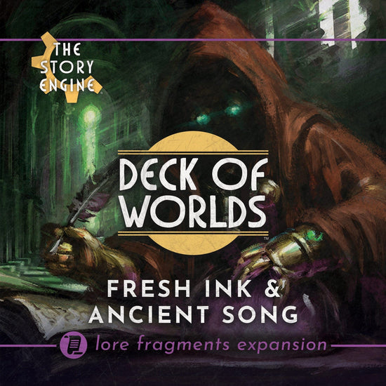 Cover art for Lore Fragments Expansion featuring fantasy art of a steampunk automaton scribe