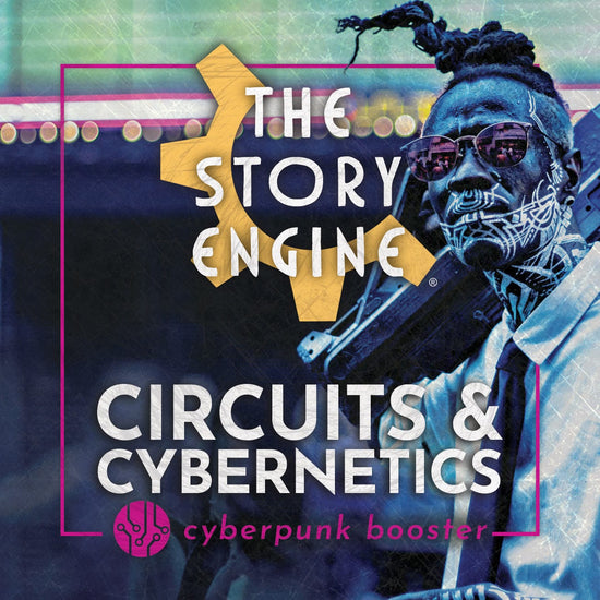 Person with cybernetic design and 'The Story Engine' branding on a colorful background