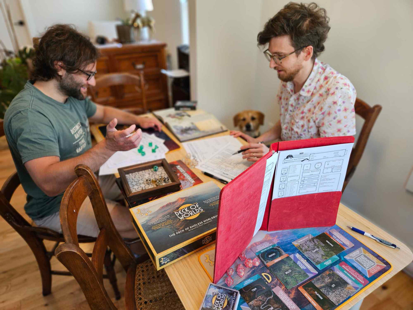 Dungeon Master and TTRPG player playing D&D in a fantasy setting generated with Deck of Worlds worldbuilding prompts