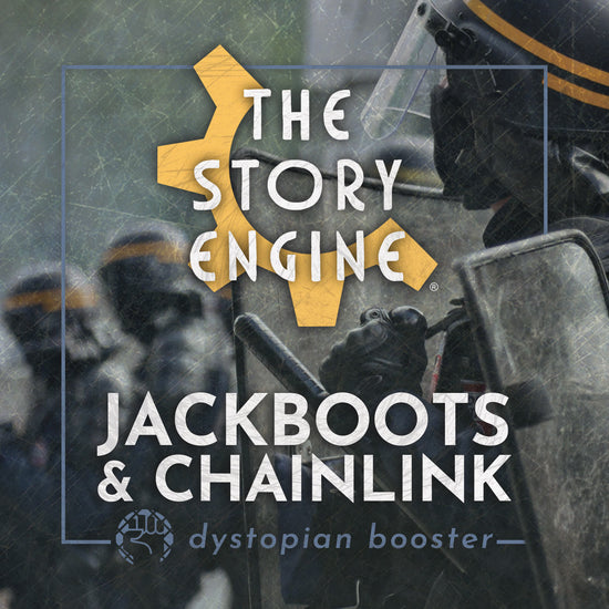 Promotional graphic for 'The Story Engine' with text 'Jackboots & Chainlink' and a dystopian theme.