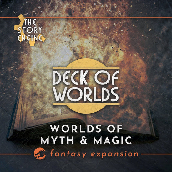 Cover art of 'Deck of Worlds: Worlds of Myth & Magic' fantasy expansion by The Story Engine, featuring a flaming book on a dark background