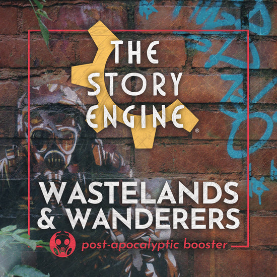 Promotional graphic for 'Wastelands & Wanderers' post-apocalyptic booster set against a brick wall with graffiti.