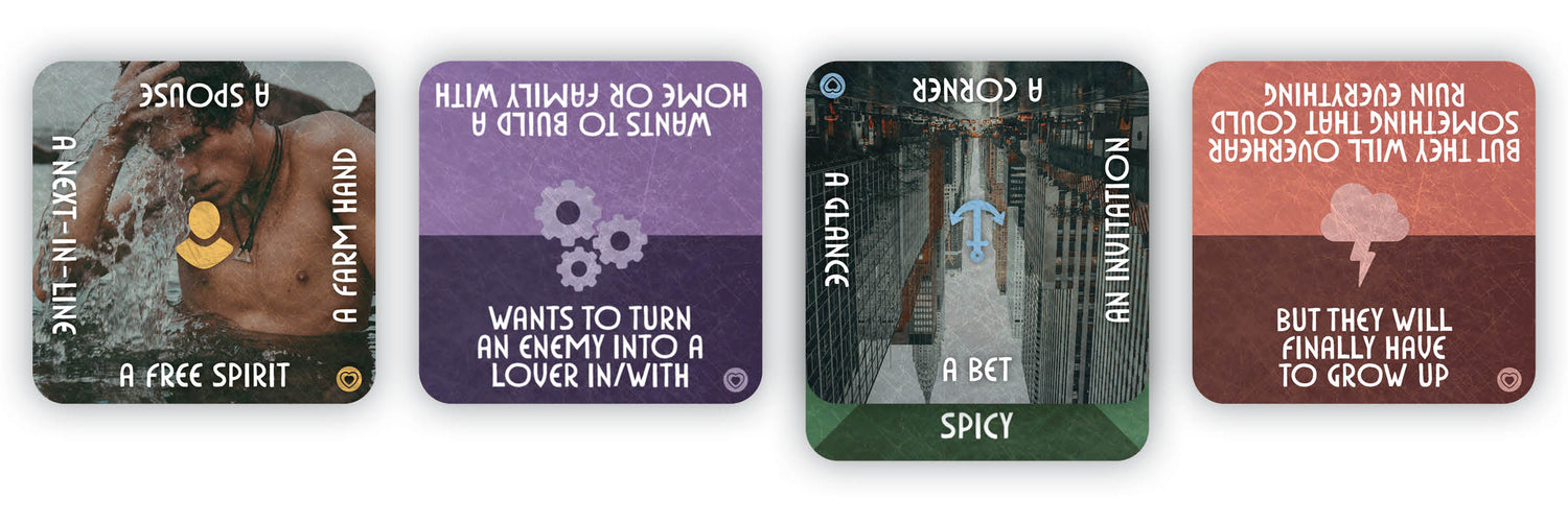 Example cards from the Romance Story Prompts Expansion