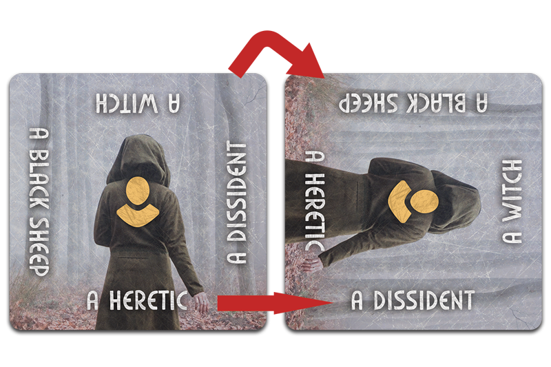 Rotating this Agent card deactivates the cue "a heretic" and activates the cue "a dissident."